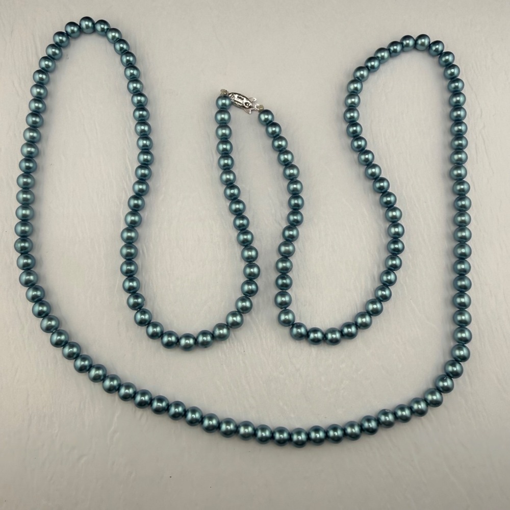 Vintage Beaded Glass Necklace Blue Sterling Silver Clasp 48”